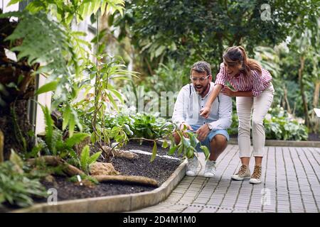 Giovane coppia entusiasta di belle piante in un giardino botanico Foto Stock