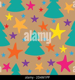 Motivo senza cuciture con albero di Natale e stelle colorate su sfondo beige. Per Natale, Capodanno. Foto Stock
