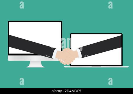 Conclusione online della transazione. Handshake aziendale, via сomputer e laptop. Illustrazione vettoriale. Illustrazione Vettoriale