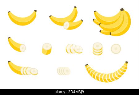 Set di icone a banana. Set isometrico di icone vettoriali a banana. Illustrazione Vettoriale