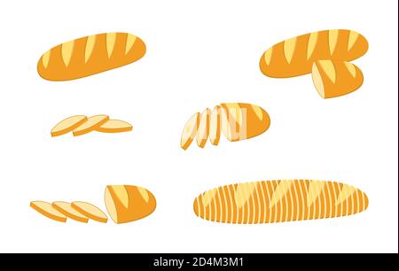 Set di prodotti da forno cartoon per menu da forno, ricettario. Baguette francese, pane di segala, pane integrale di frumento. Immagine piatta vettoriale. Illustrazione Vettoriale