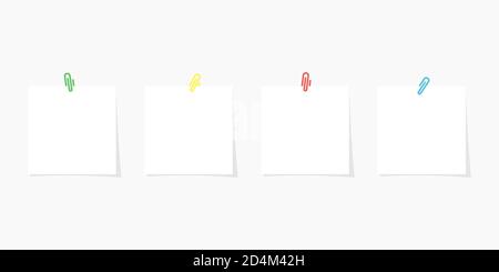 Graffetta colorata con un notepaper bianco vuoto. Foglio bianco per il messaggio o l'aggiunta di altro testo. Isolato su sfondo bianco. Modello per memo. Illustrazione Vettoriale