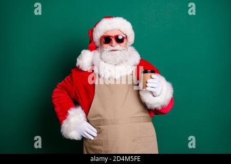 Ritratto del suo bel bel bel bel bel bel bel bel bel grasso di barbuto fiducioso Santa cameriere che indossa grembiule bere cappuccino latte vendendo bevande acquista Foto Stock