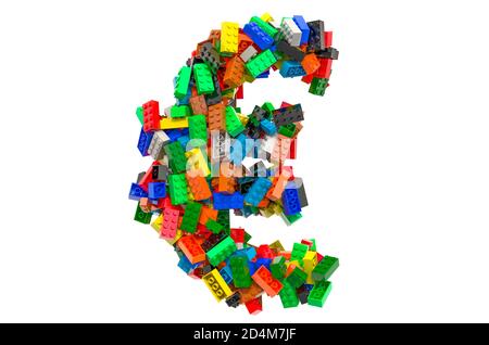 Euro da blocchi di costruzione in plastica colorata, rendering 3D isolato su sfondo bianco Foto Stock