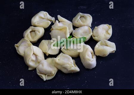 Ravioli con basilico su sfondo scuro floury. Concept.processo di produzione di pesto ravioli italiani fatti in casa. Foto Stock