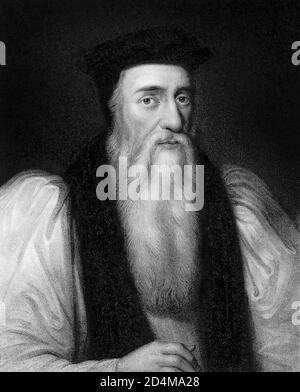 Thomas Cranmer (1489–1556) fu un capo della riforma inglese e arcivescovo di Canterbury durante i regni di Enrico VIII, Edoardo VI e, per un breve periodo, Maria I. sotto il regno di Maria i, un cattolico romano, Cranmer fu accusato di tradimento e eresia e fu sutilmente bruciato al palo il 21 marzo 1566. Foto Stock