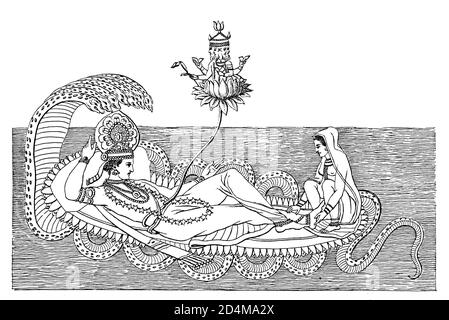 Antica illustrazione delle divinità indiane - Brahma, Vishnu e Lakshmi. Incisione pubblicata su Systematischer Bilder-Atlas zum Conversations-Lexikon, Iko Foto Stock