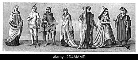 Antica illustrazione dei costumi dell'Europa occidentale. Da sinistra a destra: 1,2 - eleganti costumi del XIV secolo; 3,4 - costumi del XV secolo; 5 - pH Foto Stock