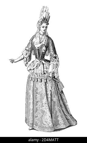 Antica illustrazione dei costumi dell'Europa occidentale del XVII secolo - donna alla moda. Incisione pubblicata su Systematischer Bilder-Atlas zum Convers Foto Stock