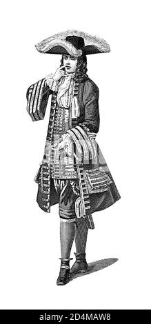 Antica illustrazione dei costumi dell'Europa occidentale del XVII secolo - Dandy. Incisione pubblicata su Systematischer Bilder-Atlas zum Conversations-Lexi Foto Stock