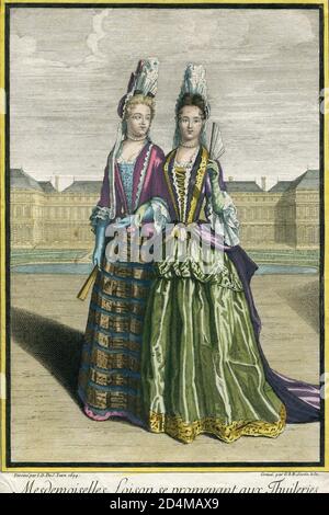 Incisione di moda francese colorata a mano di 17 centuryJ. D. De Saint Jean Foto Stock