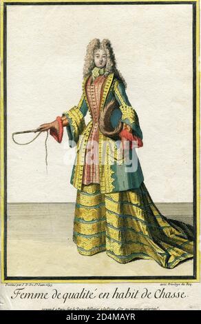 Incisione di moda francese colorata a mano di 17 centuryJ. D. De Saint Jean Foto Stock