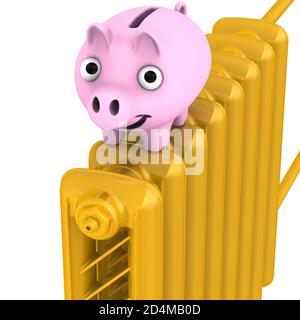 Risparmio sul riscaldamento del soggiorno. Concetto di risparmio energetico. Banco di piggy su un radiatore di riscaldamento dorato. Isolato. Illustrazione 3D Foto Stock