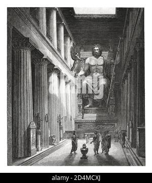 Illustrazione del XIX secolo dell'interno del tempio di Zeus ad Olimpia. Pubblicato in Systematischer Bilder-Atlas zum Conversations-Lexikon, Ikonog Foto Stock