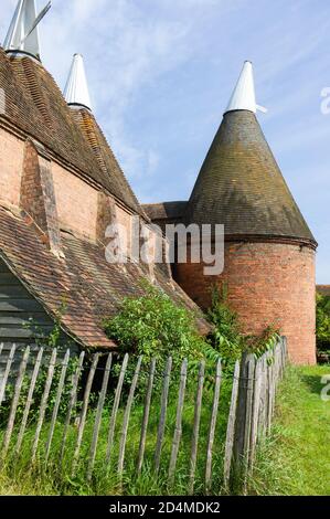 Oast casa edificio progettato per forno (essiccazione) luppolo come parte del processo di produzione. Cielo blu, immagine verticale Foto Stock