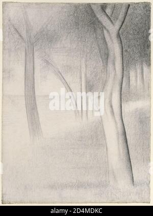 È uno dei 40 studi che Georges Seurat ha fatto per il suo capolavoro; UNA Domenica su la Grande Jatte; 1884. Con questi studi, l'artista ha rifinito i singoli elementi della sua composizione in modo che insieme formassero un insieme armonioso. Qui si concentrò sugli alberi vicino alla riva del fiume, utilizzando i toni ricchi del pastello contÃ© e la superficie di carta granulosa per approssimare l'aspetto dei suoi dipinti. Nel quadro finale, Seurat combinava l'albero in primo piano e quello che si affacciava sul fiume per orientare la composizione verso l'acqua. Foto Stock