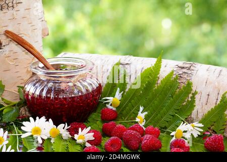 Lamponi. Un vaso aperto con marmellata e lamponi tra erbe forestali. Foto Stock
