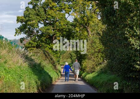 West Hyde, Hertfordshire, Regno Unito. 9 ottobre 2020. Una coppia si può fare una passeggiata lungo un vicolo di campagna vicino al sito HS2. I lavori proseguono nel cantiere di costruzione del South Portal del tunnel di Chiltern dell'HS2. 10 miglia Nord e Sud tunnel saranno tagliati sottoterra attraverso il Chilterns per la nuova linea ferroviaria HS2 High Speed da Londra a Birmingham. In Germania sono in costruzione due macchine per la perforazione di tunnel per HS2. HS2 mette a rischio 108 antichi boschi, 693 siti di fauna selvatica e 33 SSSI. L'opposizione all'HS2 da parte degli attivisti ambientali continua a crescere. Credito: Maureen McLean/Alamy Foto Stock