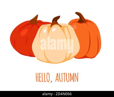 Ciao, autunno. Cartolina colorata invito con zucche. Biglietto d'auguri con autunno arancione e rosso pumpkins.Template banner o poster per il Ringraziamento o Halloween celebrazione illustrazione vettoriale Illustrazione Vettoriale