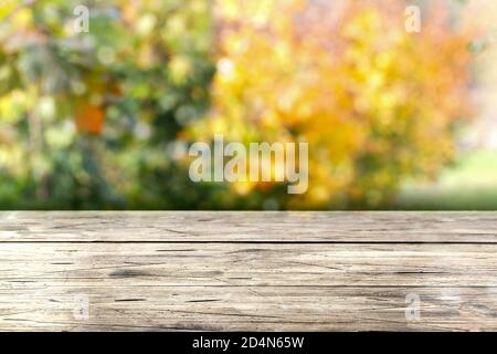 tavolo in legno di fronte al colorato paesaggio autunnale. concetto di natura. sfondo autunno colorato, spazio per il testo. natura trendy design. Foto Stock
