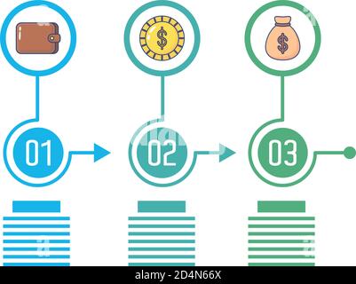 numeri e icone economiche statistiche infografiche disegno vettoriale in stile piatto design Illustrazione Vettoriale