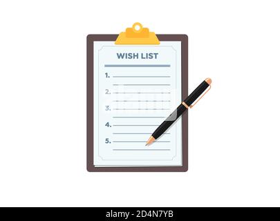 Appunti con lista dei desideri vuota e penna. Wishlist modulo carta flat eps simbolo vettoriale Illustrazione Vettoriale