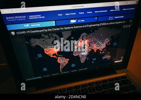 COVID-19 mappa del mondo hotspot secondo Johns Hopkins University COVID-19 Dashboard. Foto Stock