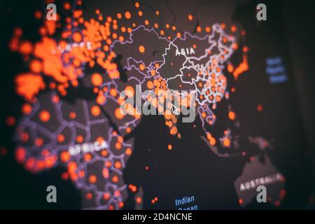 COVID-19 mappa del mondo hotspot secondo Johns Hopkins University COVID-19 Dashboard. Foto Stock