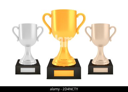 Set di premi vincitori, coppe trofei in bronzo dorato su supporti con piastre vuote Illustrazione Vettoriale
