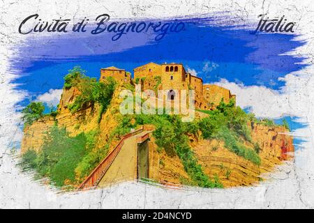 Antica città di Bagnoregio in Toscana, pittura acquerello Foto Stock