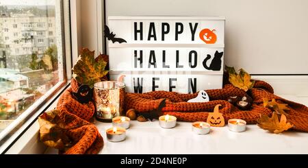 FELICE HALLOWEEN. Testo in scatola di luce bianca, con uno sfondo di maglione, foglie secche Halloween decorazione autunno sul davanzale. Finestra piovosa Foto Stock