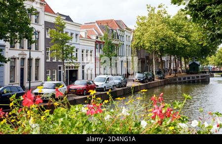 Vista sul centro storico di Gouda. Lage Gouwe strada con grandi alberi di canale e fiori fioriti in un pomeriggio di sole. Olanda meridionale, Paesi Bassi. Foto Stock