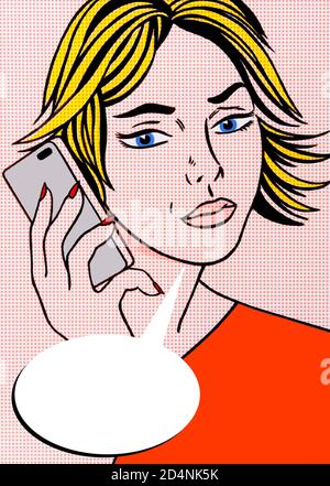 Illustrazione di Arte di Pop di giovane donna con il telefono mobile e. Blank Speech Bubble Foto Stock