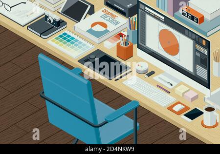 Spazio di lavoro professionale per graphic designer: Desktop isometrico con computer e strumenti di lavoro, concetto di creatività e comunicazione Foto Stock