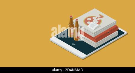Ordine e consegna di pizza online: Smartphone con pile di scatole per pizza, birre e ricevute, concetto di consegna di cibo, illustrazione isometrica 3D Foto Stock