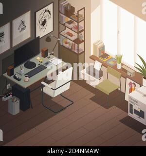 Interni moderni per l'home Office con computer, scrivania e decorazioni dal design moderno, illustrazione isometrica in 3D Foto Stock