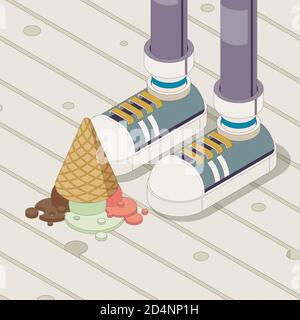 Il gelato si fonde sul pavimento e il carattere con le sneakers, illustrazione isometrica 3D in stile pop Foto Stock