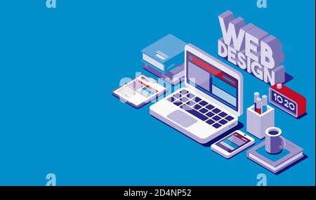 Web designer lavoro desktop con progetto di sito web wireframe, illustrazione 3D Foto Stock