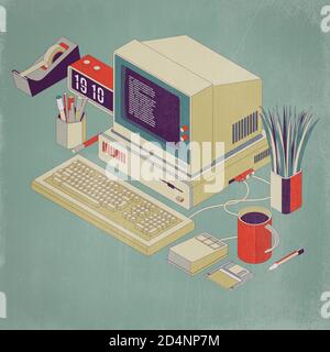 Vecchio PC desktop obsoleto con mouse, tastiera e floppy disk, illustrazione isometrica 3D Foto Stock