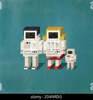 Carina famiglia di robot vintage composta da robot maschile, femminile e bambino. Illustrazione 3D Foto Stock
