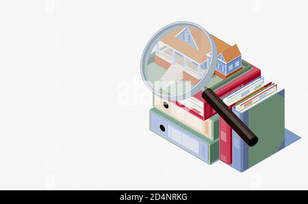 Grande lente d'ingrandimento e casa in vendita su una pila di raccoglitori, concetto di bene immobile, illustrazione 3D Foto Stock