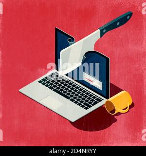 Barra di caricamento lenta e sfaldatura che strappano il laptop, concetto di computer lento, illustrazione 3D Foto Stock