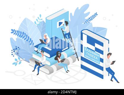 Persone che imparano la lingua greca illustrazione vettoriale isometrica 3d. Formazione a distanza, concetto di corsi di formazione online. Studenti che leggono libri cartoni animati. Insegnamento delle lingue straniere Illustrazione Vettoriale
