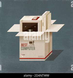Imballando un vecchio computer desktop, è triste e sbirciando fuori dal cartone, obsoleto concetto di tecnologia 3D illustrazione Foto Stock