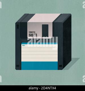 Grande floppy disk vintage con 500 gb di capacità di memorizzazione, illustrazione isometrica 3D Foto Stock