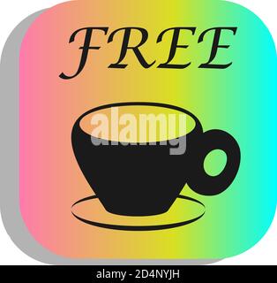 Icona tazza di caffè gratis, pulsante rettangolare arcobaleno multicolore, effetto 3 d. Illustrazione Vettoriale