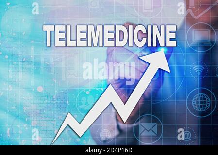 Nota di scrittura che mostra Telemedicine. Concetto di business per la medicina pratica quando l'esame e il paziente sono separati simbolo freccia verso l'alto showi Foto Stock