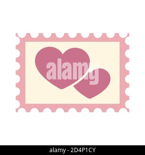 Francobollo con cuori per giorno di valentine. Contrassegno di posta di affrancatura romantico. Icona vettoriale illustrazione in stile cartoon piano. Isolato su bianco per Web, B. Illustrazione Vettoriale