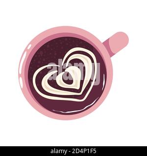 Tazza di cappuccino con vista dall'alto in stile piatto dei cartoni animati. Vector clip art caffè con latte in tazza icona rosa. Isolato su sfondo bianco Illustrazione Vettoriale