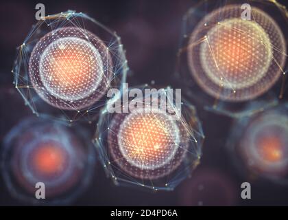 Biotecnologia o biotecnologia, concetto di creazione, divisione e sviluppo cellulare. Alta tecnologia organica con scopi produttivi. Foto Stock